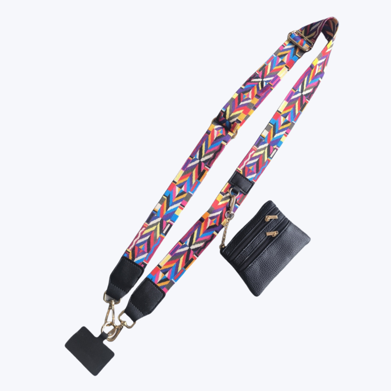 Mobiliojo telefono lanyard su nailono juosta, poliesterio virvė ir metalo sagtis; unisex cross-body dizainas; pridedamas pakabukas.