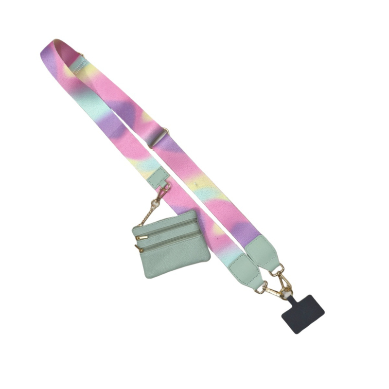 Mobiliojo telefono lanyard su nailono juosta, poliesterio virvė ir metalo sagtis; unisex cross-body dizainas; pridedamas pakabukas.