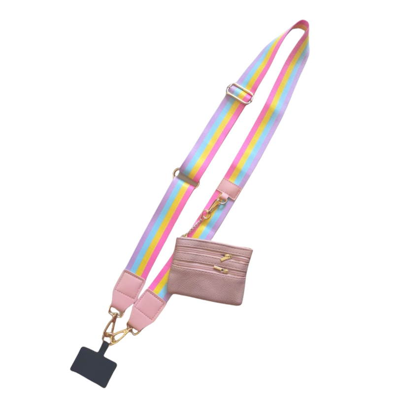 Mobiliojo telefono lanyard su nailono juosta, poliesterio virvė ir metalo sagtis; unisex cross-body dizainas; pridedamas pakabukas.