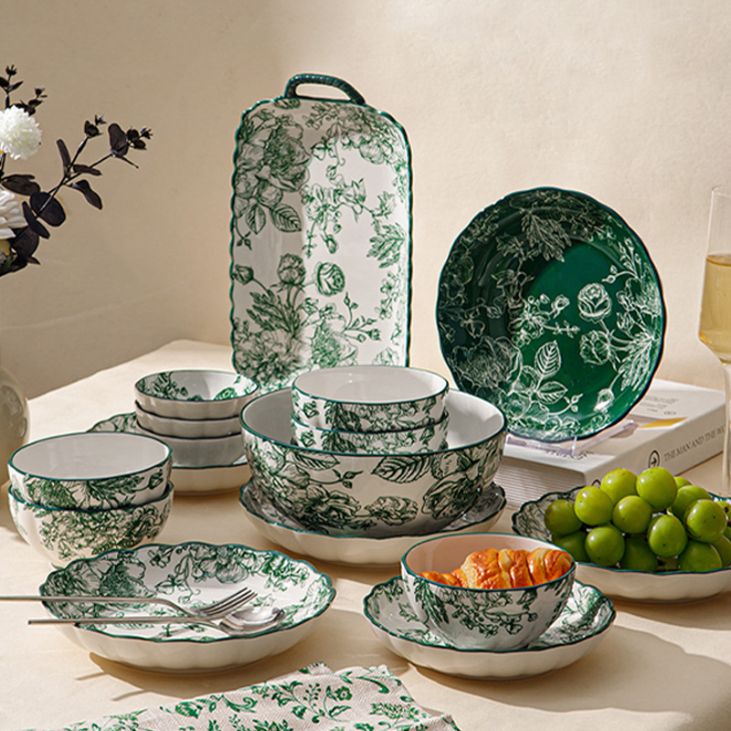 Керамичен комплект съдове за хранене – съдове за супа и чинии, флорален мотив под глазур, подходящ за микровълнова фурна, всекидневен порцелан, стил Национален тренд