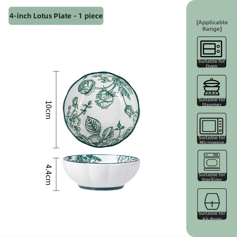 Керамичен комплект съдове за хранене – съдове за супа и чинии, флорален мотив под глазур, подходящ за микровълнова фурна, всекидневен порцелан, стил Национален тренд