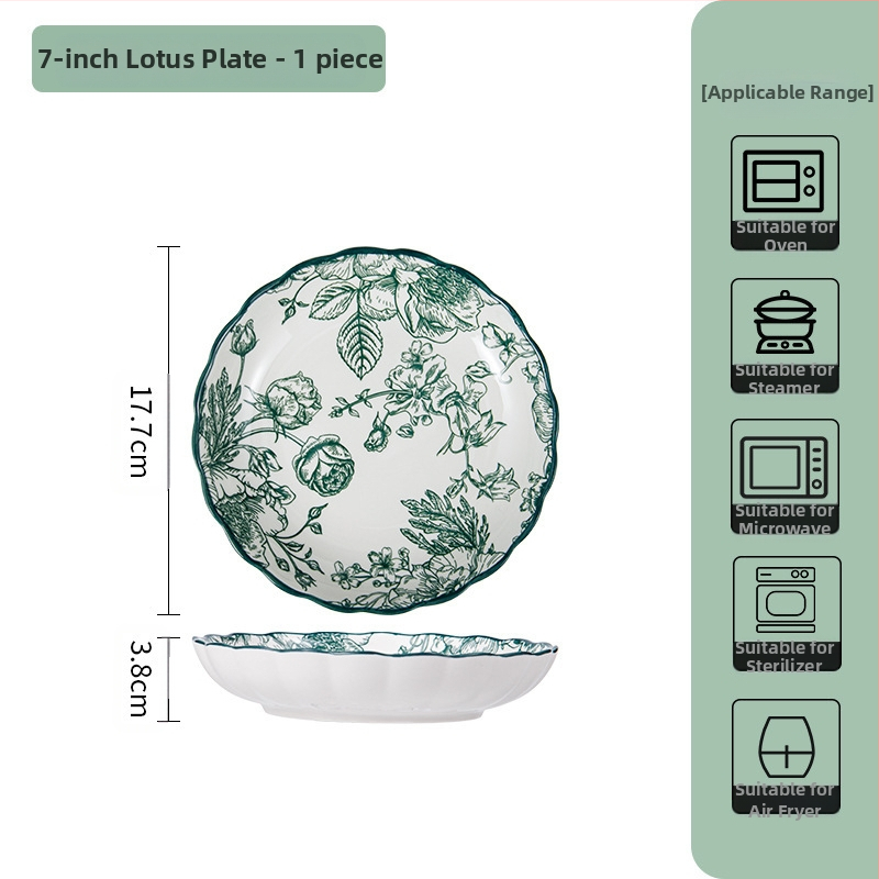 Керамичен комплект съдове за хранене – съдове за супа и чинии, флорален мотив под глазур, подходящ за микровълнова фурна, всекидневен порцелан, стил Национален тренд