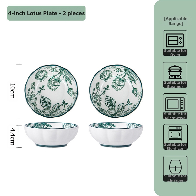 Керамичен комплект съдове за хранене – съдове за супа и чинии, флорален мотив под глазур, подходящ за микровълнова фурна, всекидневен порцелан, стил Национален тренд