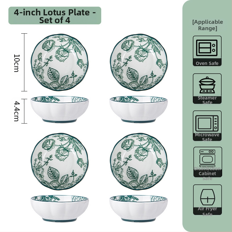 Керамичен комплект съдове за хранене – съдове за супа и чинии, флорален мотив под глазур, подходящ за микровълнова фурна, всекидневен порцелан, стил Национален тренд