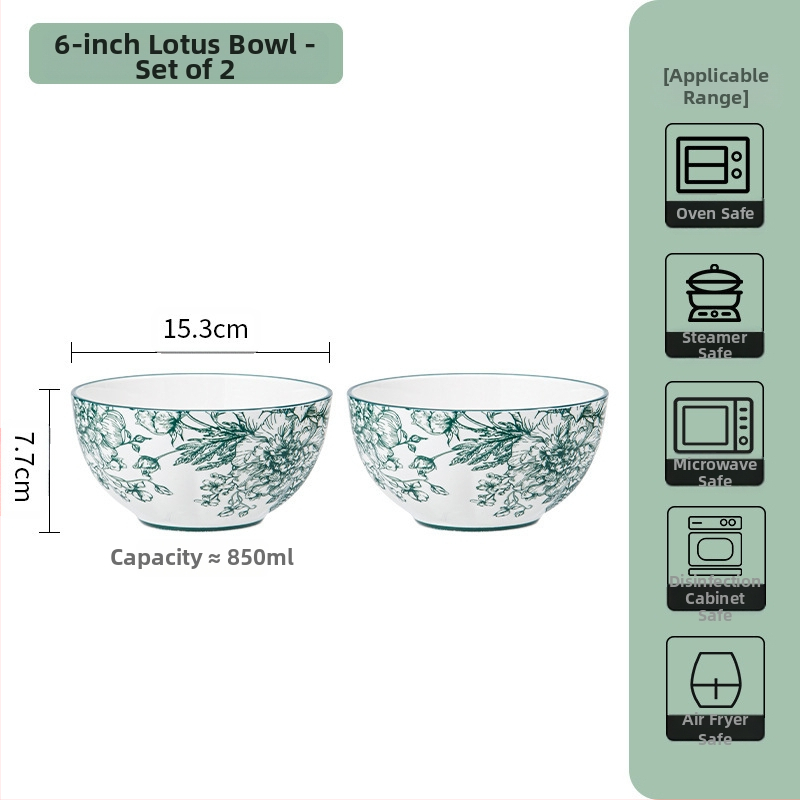 Керамичен комплект съдове за хранене – съдове за супа и чинии, флорален мотив под глазур, подходящ за микровълнова фурна, всекидневен порцелан, стил Национален тренд