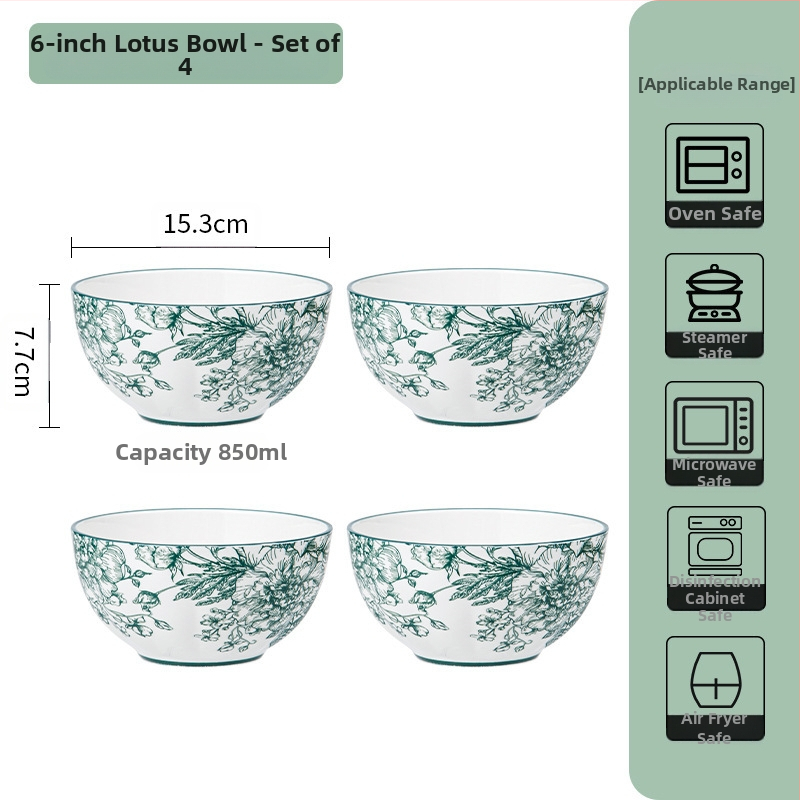 Керамичен комплект съдове за хранене – съдове за супа и чинии, флорален мотив под глазур, подходящ за микровълнова фурна, всекидневен порцелан, стил Национален тренд