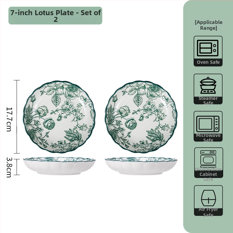 Керамичен комплект съдове за хранене – съдове за супа и чинии, флорален мотив под глазур, подходящ за микровълнова фурна, всекидневен порцелан, стил Национален тренд