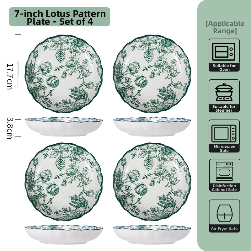 Керамичен комплект съдове за хранене – съдове за супа и чинии, флорален мотив под глазур, подходящ за микровълнова фурна, всекидневен порцелан, стил Национален тренд