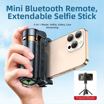 Mini Bluetooth selfiestiks telefonom ar četrkājīgu statīvu, teleskopisks, attēla stabilizācija, iebūvēts apgaismojums, materiāls alumīnija sakausējums + ABS
