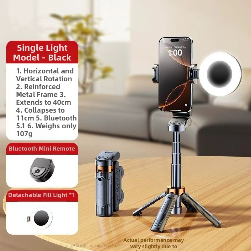 Mini Bluetooth selfiestiks telefonom ar četrkājīgu statīvu, teleskopisks, attēla stabilizācija, iebūvēts apgaismojums, materiāls alumīnija sakausējums + ABS