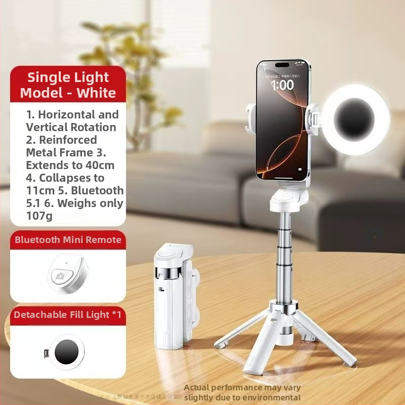 Mini Bluetooth selfiestiks telefonom ar četrkājīgu statīvu, teleskopisks, attēla stabilizācija, iebūvēts apgaismojums, materiāls alumīnija sakausējums + ABS