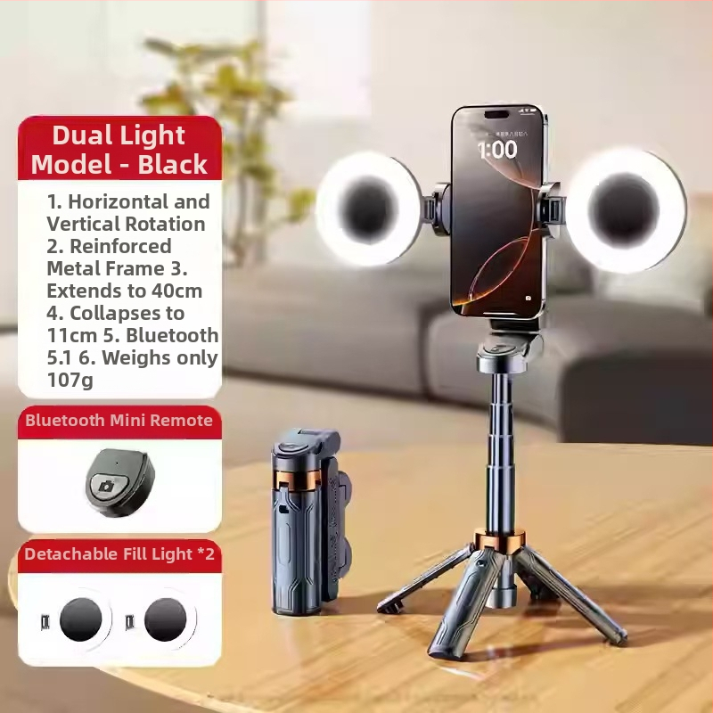 Mini Bluetooth selfiestiks telefonom ar četrkājīgu statīvu, teleskopisks, attēla stabilizācija, iebūvēts apgaismojums, materiāls alumīnija sakausējums + ABS