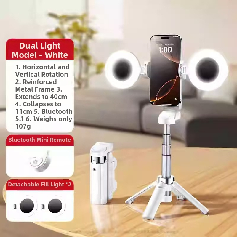 Mini Bluetooth selfiestiks telefonom ar četrkājīgu statīvu, teleskopisks, attēla stabilizācija, iebūvēts apgaismojums, materiāls alumīnija sakausējums + ABS