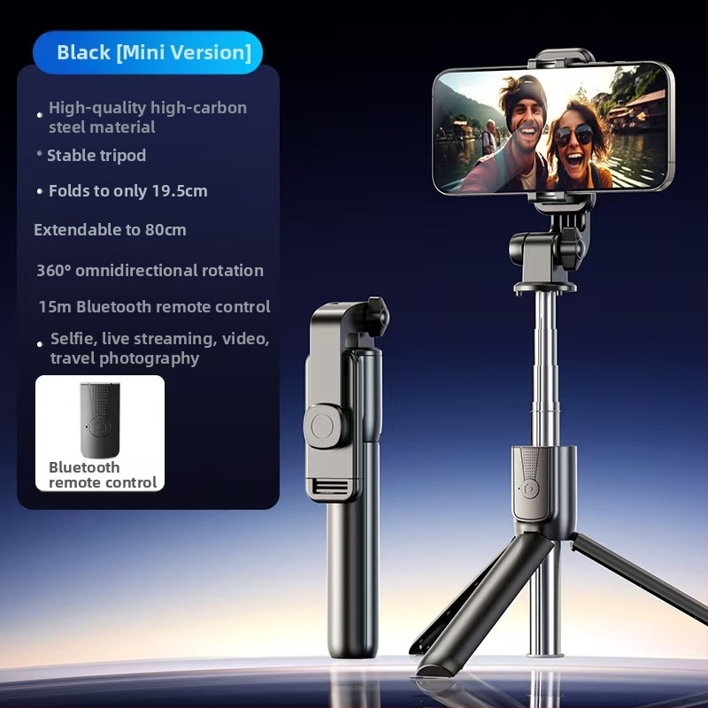Mini Bluetooth selfiestiks telefonom ar četrkājīgu statīvu, teleskopisks, attēla stabilizācija, iebūvēts apgaismojums, materiāls alumīnija sakausējums + ABS