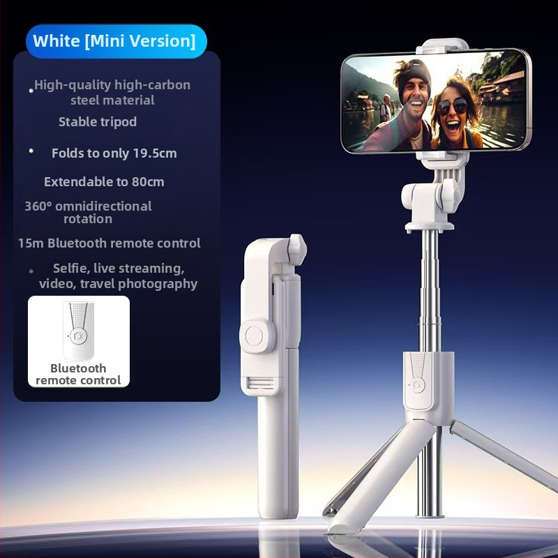 Mini Bluetooth selfiestiks telefonom ar četrkājīgu statīvu, teleskopisks, attēla stabilizācija, iebūvēts apgaismojums, materiāls alumīnija sakausējums + ABS