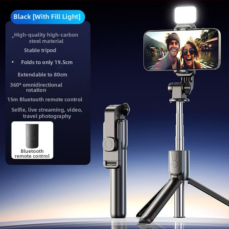 Mini Bluetooth selfiestiks telefonom ar četrkājīgu statīvu, teleskopisks, attēla stabilizācija, iebūvēts apgaismojums, materiāls alumīnija sakausējums + ABS
