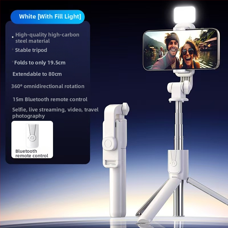Mini Bluetooth selfiestiks telefonom ar četrkājīgu statīvu, teleskopisks, attēla stabilizācija, iebūvēts apgaismojums, materiāls alumīnija sakausējums + ABS