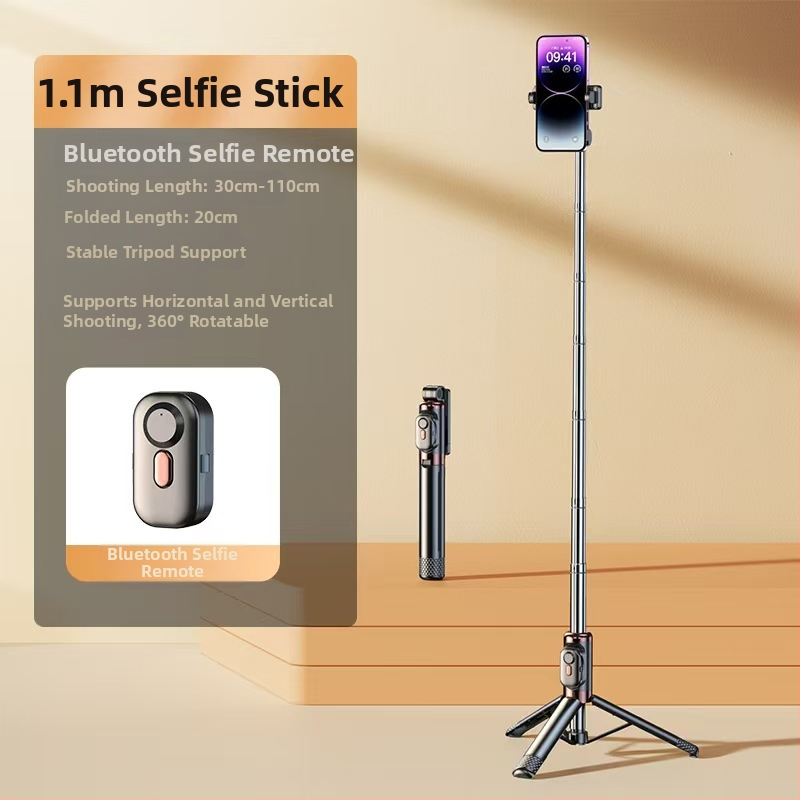 Mini Bluetooth selfiestiks telefonom ar četrkājīgu statīvu, teleskopisks, attēla stabilizācija, iebūvēts apgaismojums, materiāls alumīnija sakausējums + ABS
