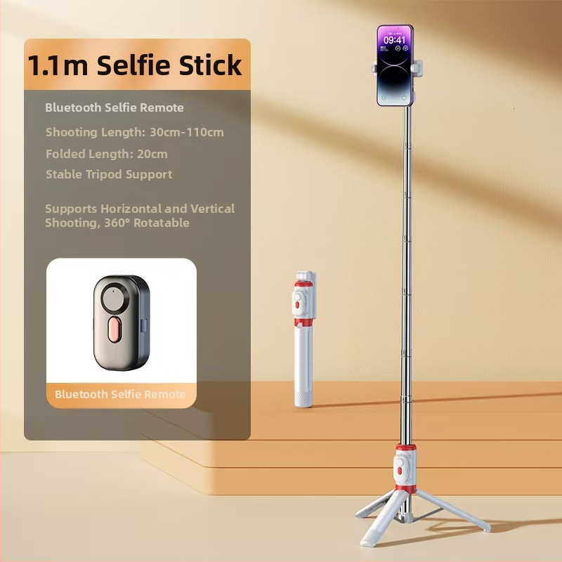 Mini Bluetooth selfiestiks telefonom ar četrkājīgu statīvu, teleskopisks, attēla stabilizācija, iebūvēts apgaismojums, materiāls alumīnija sakausējums + ABS