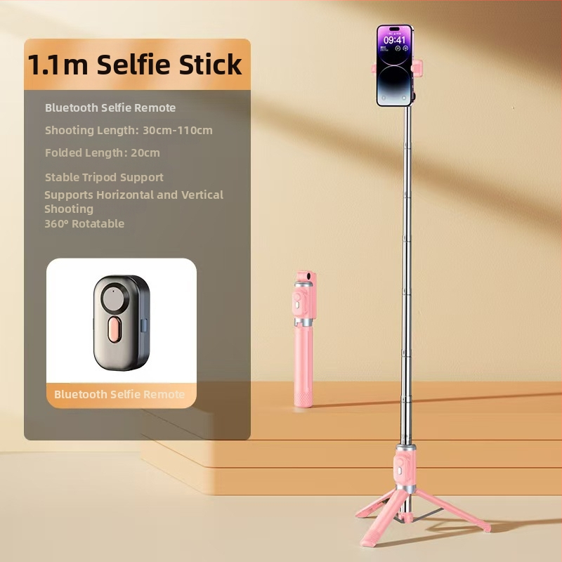 Mini Bluetooth selfiestiks telefonom ar četrkājīgu statīvu, teleskopisks, attēla stabilizācija, iebūvēts apgaismojums, materiāls alumīnija sakausējums + ABS
