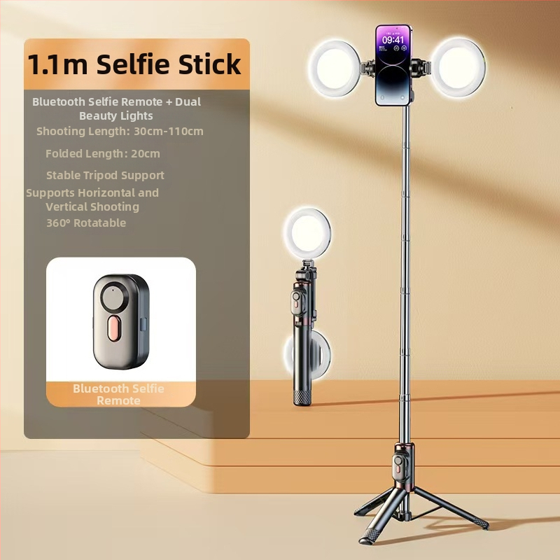 Mini Bluetooth selfiestiks telefonom ar četrkājīgu statīvu, teleskopisks, attēla stabilizācija, iebūvēts apgaismojums, materiāls alumīnija sakausējums + ABS