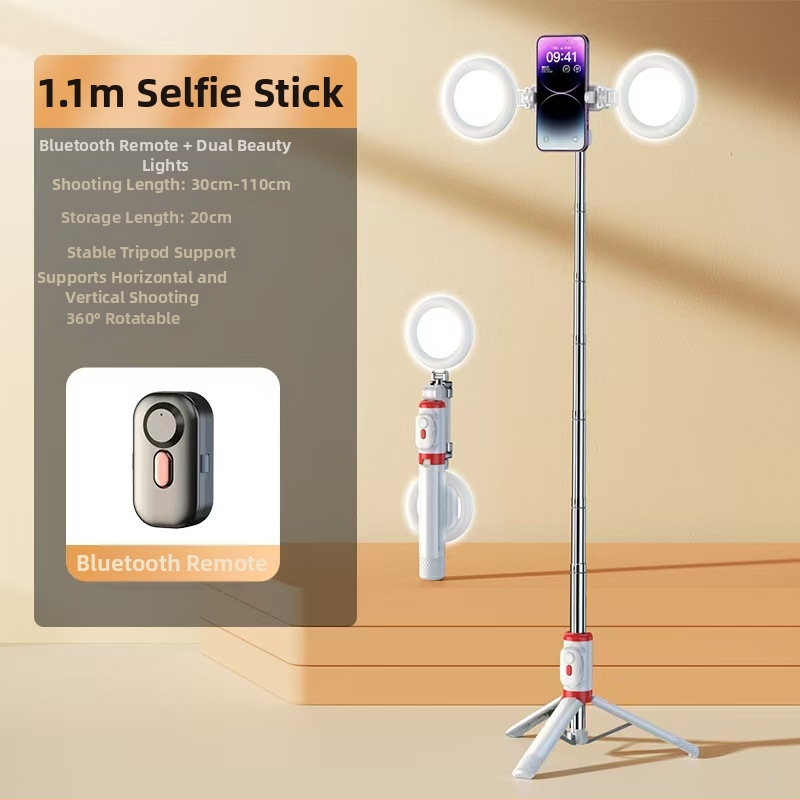 Mini Bluetooth selfiestiks telefonom ar četrkājīgu statīvu, teleskopisks, attēla stabilizācija, iebūvēts apgaismojums, materiāls alumīnija sakausējums + ABS
