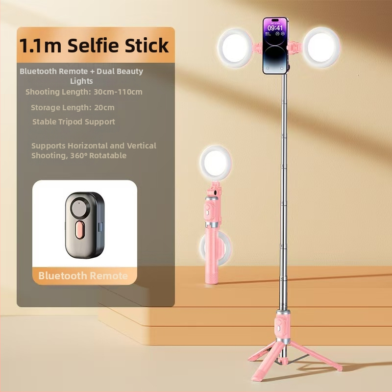 Mini Bluetooth selfiestiks telefonom ar četrkājīgu statīvu, teleskopisks, attēla stabilizācija, iebūvēts apgaismojums, materiāls alumīnija sakausējums + ABS