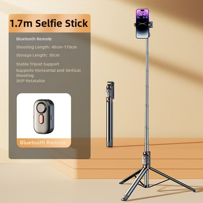 Mini Bluetooth selfiestiks telefonom ar četrkājīgu statīvu, teleskopisks, attēla stabilizācija, iebūvēts apgaismojums, materiāls alumīnija sakausējums + ABS
