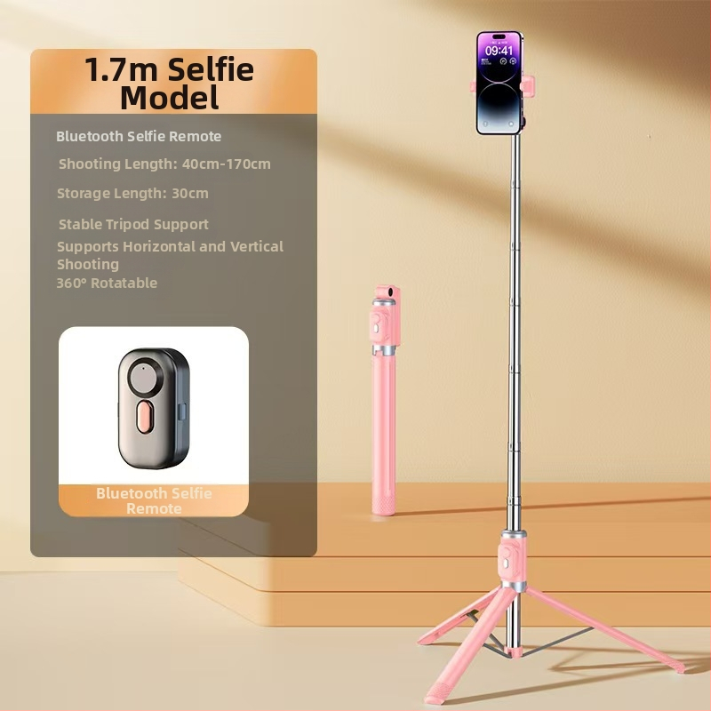 Mini Bluetooth selfiestiks telefonom ar četrkājīgu statīvu, teleskopisks, attēla stabilizācija, iebūvēts apgaismojums, materiāls alumīnija sakausējums + ABS