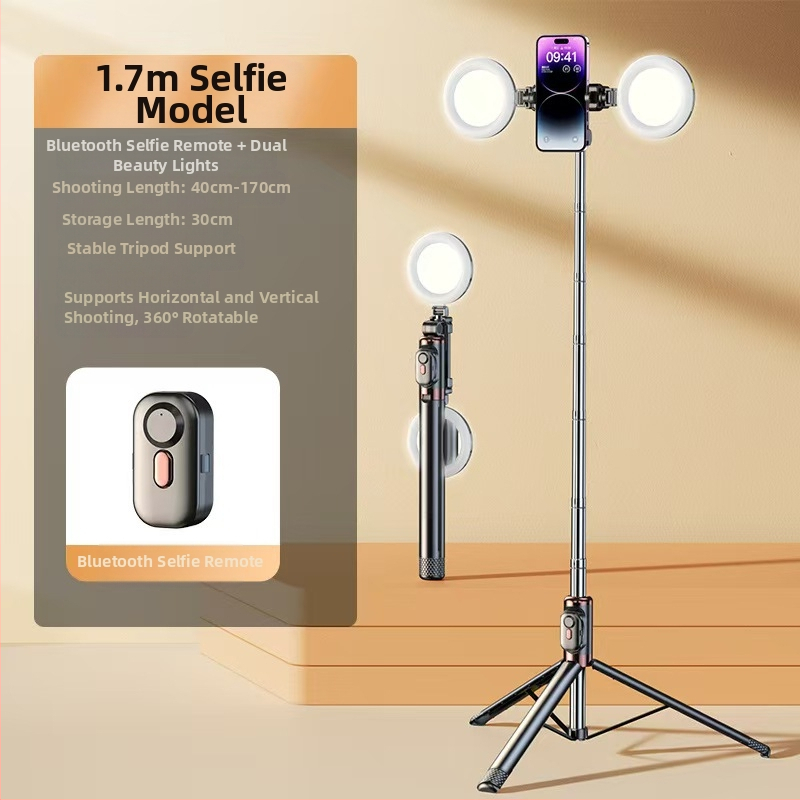 Mini Bluetooth selfiestiks telefonom ar četrkājīgu statīvu, teleskopisks, attēla stabilizācija, iebūvēts apgaismojums, materiāls alumīnija sakausējums + ABS