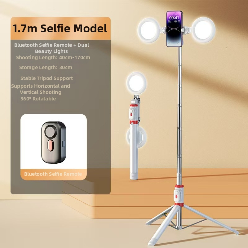 Mini Bluetooth selfiestiks telefonom ar četrkājīgu statīvu, teleskopisks, attēla stabilizācija, iebūvēts apgaismojums, materiāls alumīnija sakausējums + ABS