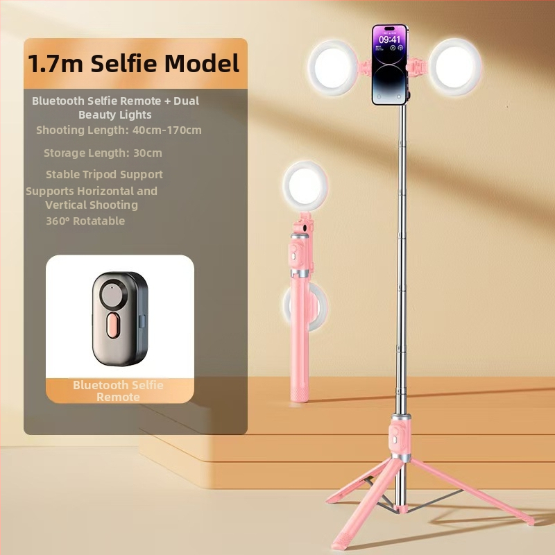 Mini Bluetooth selfiestiks telefonom ar četrkājīgu statīvu, teleskopisks, attēla stabilizācija, iebūvēts apgaismojums, materiāls alumīnija sakausējums + ABS