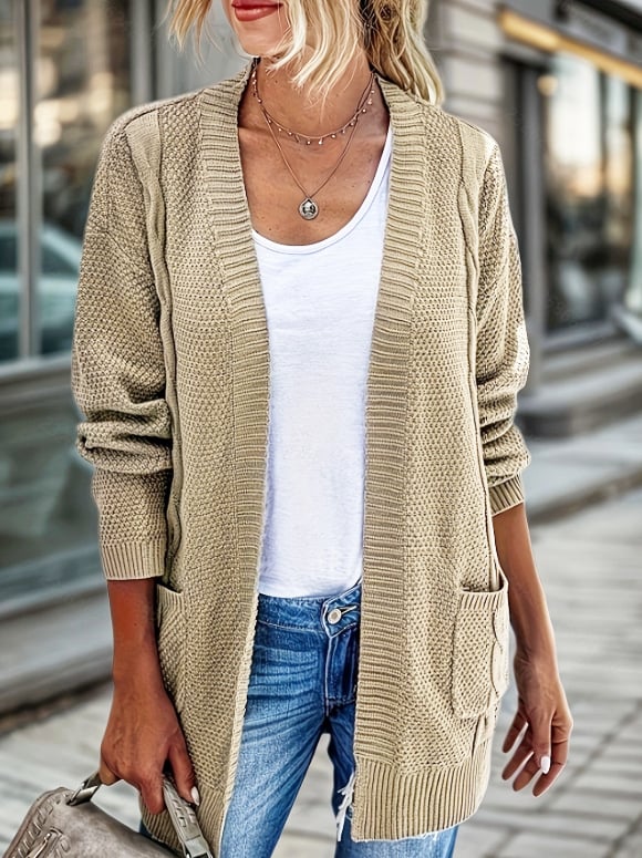 Megztinis kardiganas moterims, poliesteris, tankus, vidutinio ilgio 65–80 cm, ilgomis rankovėmis, be apykaklės