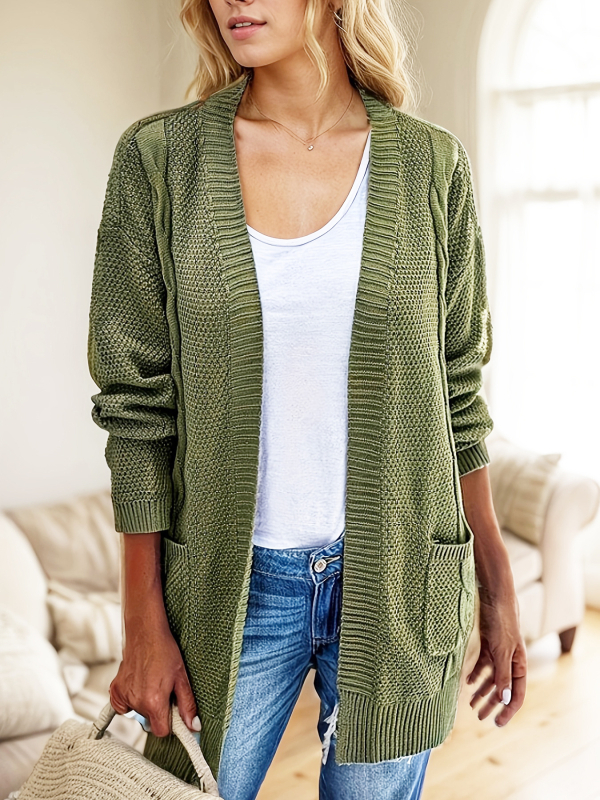 Megztinis kardiganas moterims, poliesteris, tankus, vidutinio ilgio 65–80 cm, ilgomis rankovėmis, be apykaklės