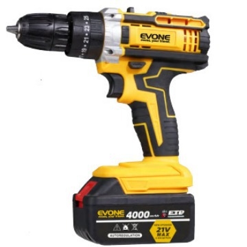 Безжична ударна бормашина с 21V литиево-йонна батерия, самозаключващ патрон, регулируема скорост и въртене напред/назад (критични характеристики: 21V литиево-йонна батерия; самозаключващ патрон; регулируема скорост; въртене напред/назад).