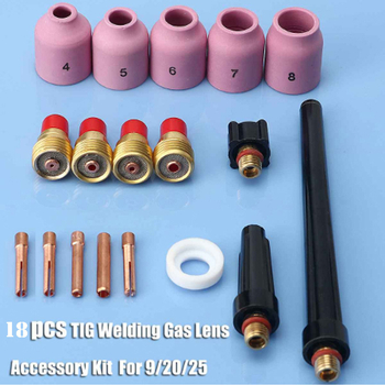 QY 18-τεμάχιο TIG σετ με γκαζολένς, σώμα χούκ και πίσω κάλυμμα, βολφραμ/κεραμικά στοιχεία, τόρνος TIG SR WP9 20/25