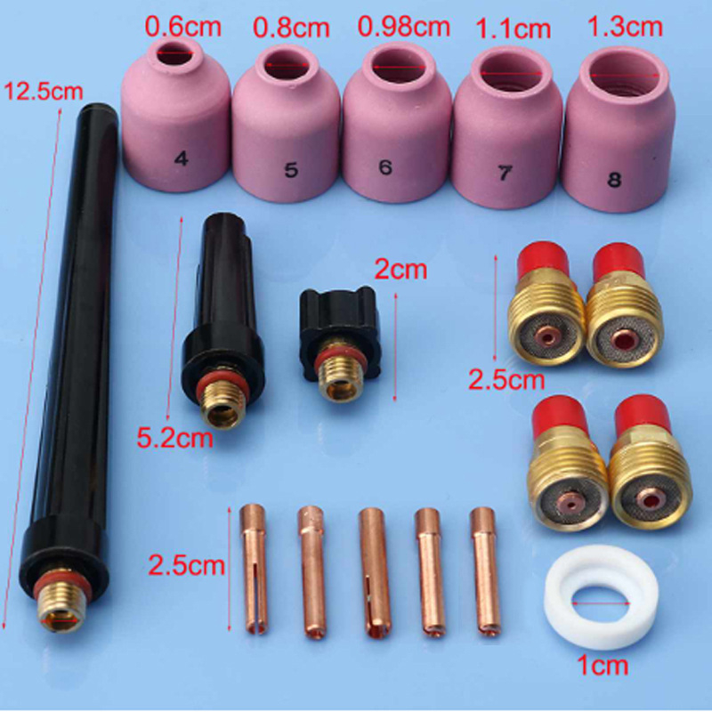 QY 18-τεμάχιο TIG σετ με γκαζολένς, σώμα χούκ και πίσω κάλυμμα, βολφραμ/κεραμικά στοιχεία, τόρνος TIG SR WP9 20/25