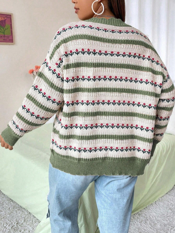 Moteriškas kardiganas su gėlėtais akytiniais raštais, V kaklas, ilgomis rankovėmis, laisvas kirpimas, vidutinio ilgio