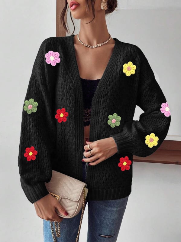 Γυναικείο cardigan-pullover με φλοράλ Jacquard πλέξη, παχιά ακρυλική πλέξη, V-λαιμό, μακριά μανίκια, άνετη γραμμή