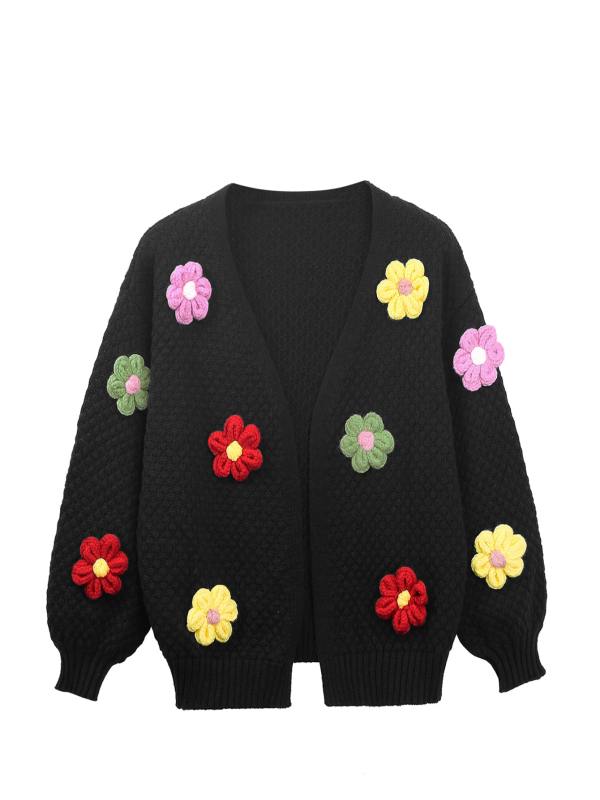 Γυναικείο cardigan-pullover με φλοράλ Jacquard πλέξη, παχιά ακρυλική πλέξη, V-λαιμό, μακριά μανίκια, άνετη γραμμή