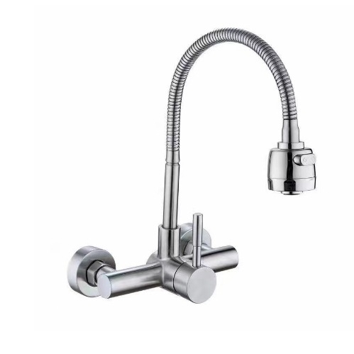 Вграден стенен месингов смесител за топла и студена вода, за кухненска мивка и пералня, въртящ се, керамичен клапан