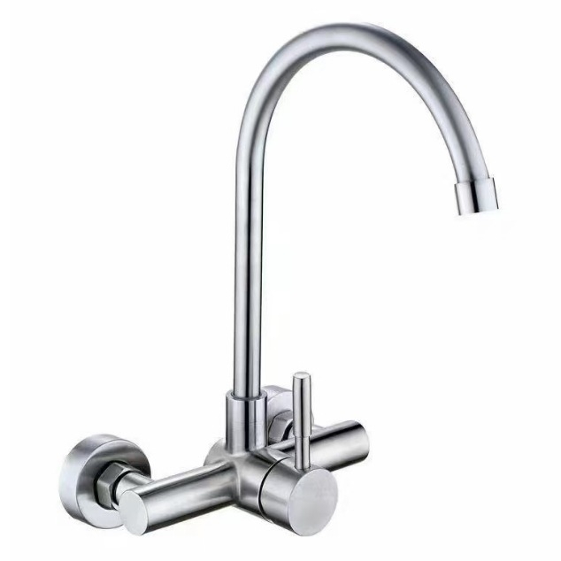 Вграден стенен месингов смесител за топла и студена вода, за кухненска мивка и пералня, въртящ се, керамичен клапан