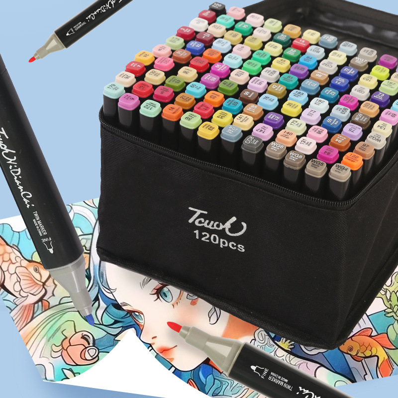 Touch dviejų galų žymeklių rinkinys: alkoholio pagrindo greitai džiūstantys dažai ir aliejaus pagrindo dažai, akvarelės efektai vaikams