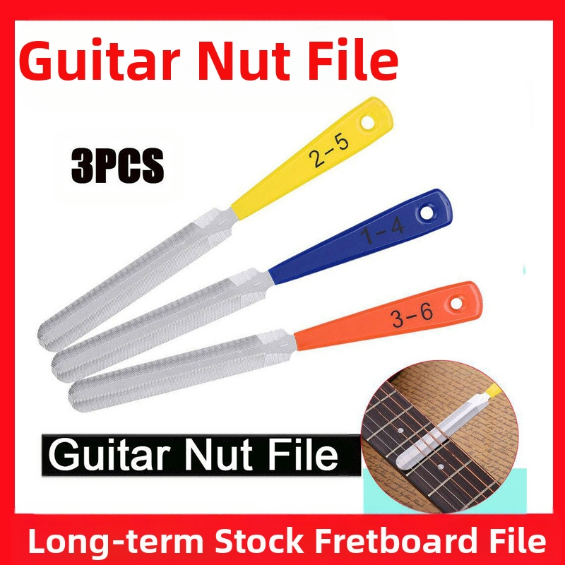 3 dalių rinkinys gitaros šlifavimo failams – nerūdijančio plieno; skirtas elektrinėms, akustinėms gitaroms ir bosui – įrankiai remontui