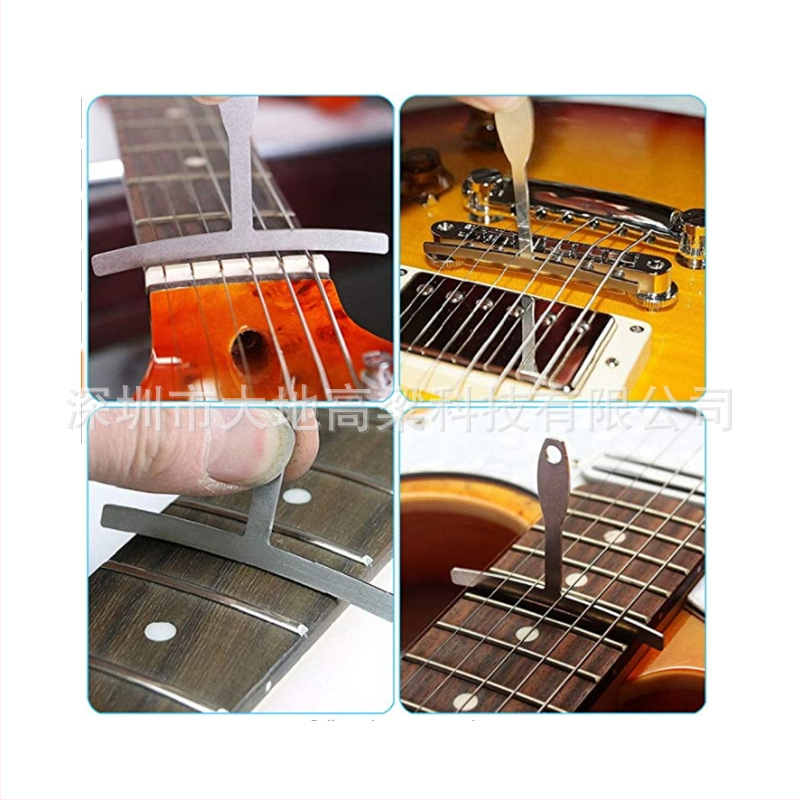 Merací nástroj na medzeru krku gitary a merací pravítok pre fretboard - nerezová oceľ + plast, obsahuje: merací nástroj na medzeru, plastový merací pravítok, T-tvarovaný pravítok, nivelátor