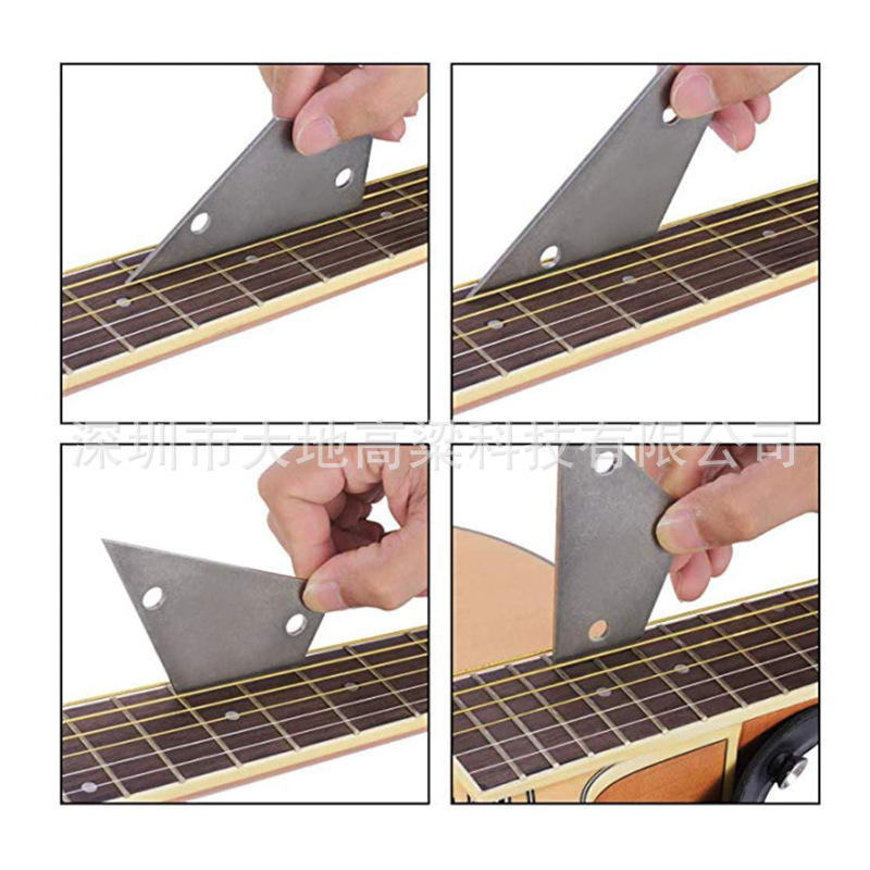 Измервател за пропуск в грифа и фингърборд за китара - неръждаема стомана + пластмаса, съдържа: измервател за пропуск на грифа, пластмасов измерител за разстояние, Т-образен измервател и нивелир