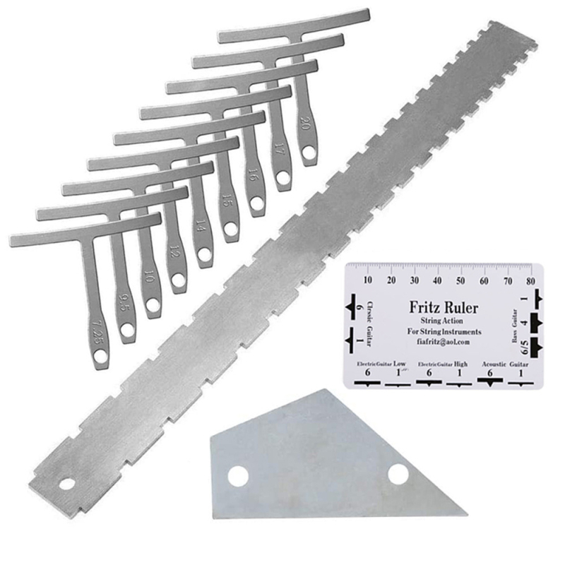 Измервател за пропуск в грифа и фингърборд за китара - неръждаема стомана + пластмаса, съдържа: измервател за пропуск на грифа, пластмасов измерител за разстояние, Т-образен измервател и нивелир