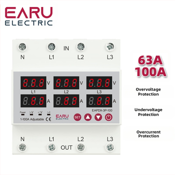 Trifazė įtampos virš/žemos apsauga su skaitmeniniu ekranu, reguliuojamas srovė, automatinis atstatymas, 63A/100A