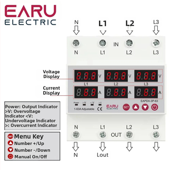 Trifazė įtampos virš/žemos apsauga su skaitmeniniu ekranu, reguliuojamas srovė, automatinis atstatymas, 63A/100A