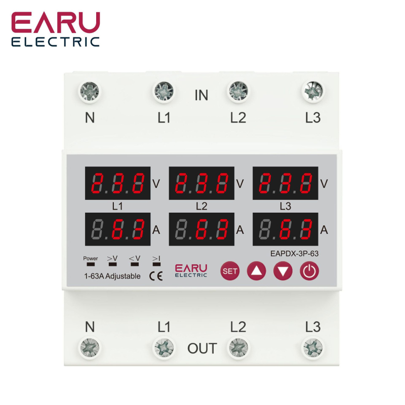 Trifazė įtampos virš/žemos apsauga su skaitmeniniu ekranu, reguliuojamas srovė, automatinis atstatymas, 63A/100A